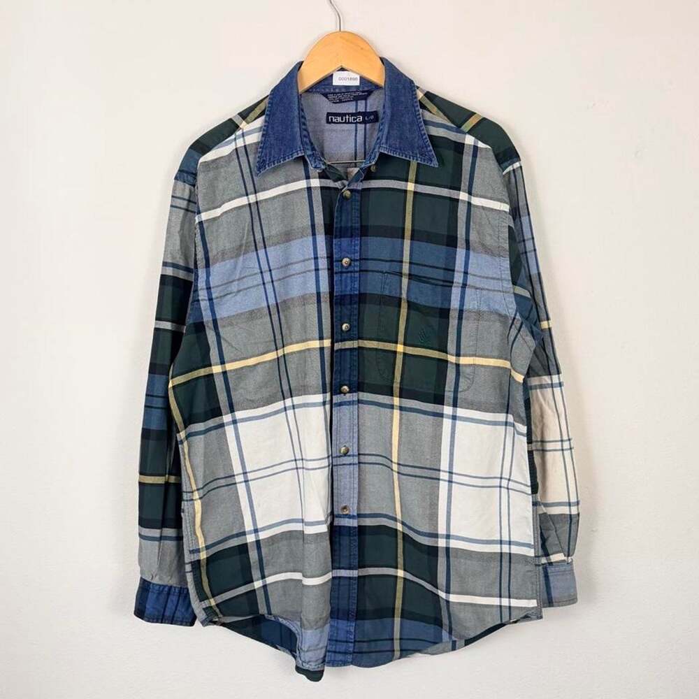 Nautica Vintage Plaid Button-Up Shirt Denim Longsleeve Grandpa Dad Style 90s